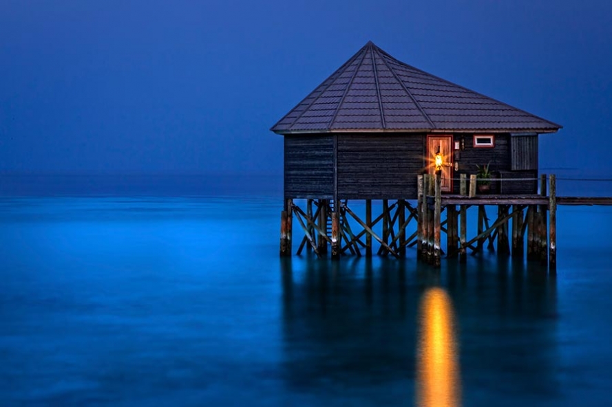 maldives water villa twilight long exposure