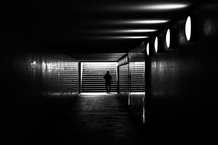 black and white photo of the underpass to the victory column in tiergarten, berlin