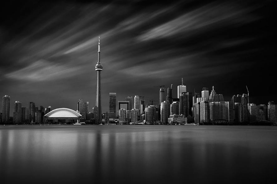 Toronto skyline long exposure black and white from Toronto Island