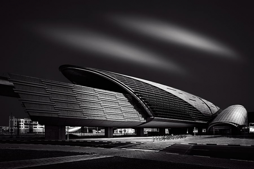 dubai metro station black and white long exposure photograph